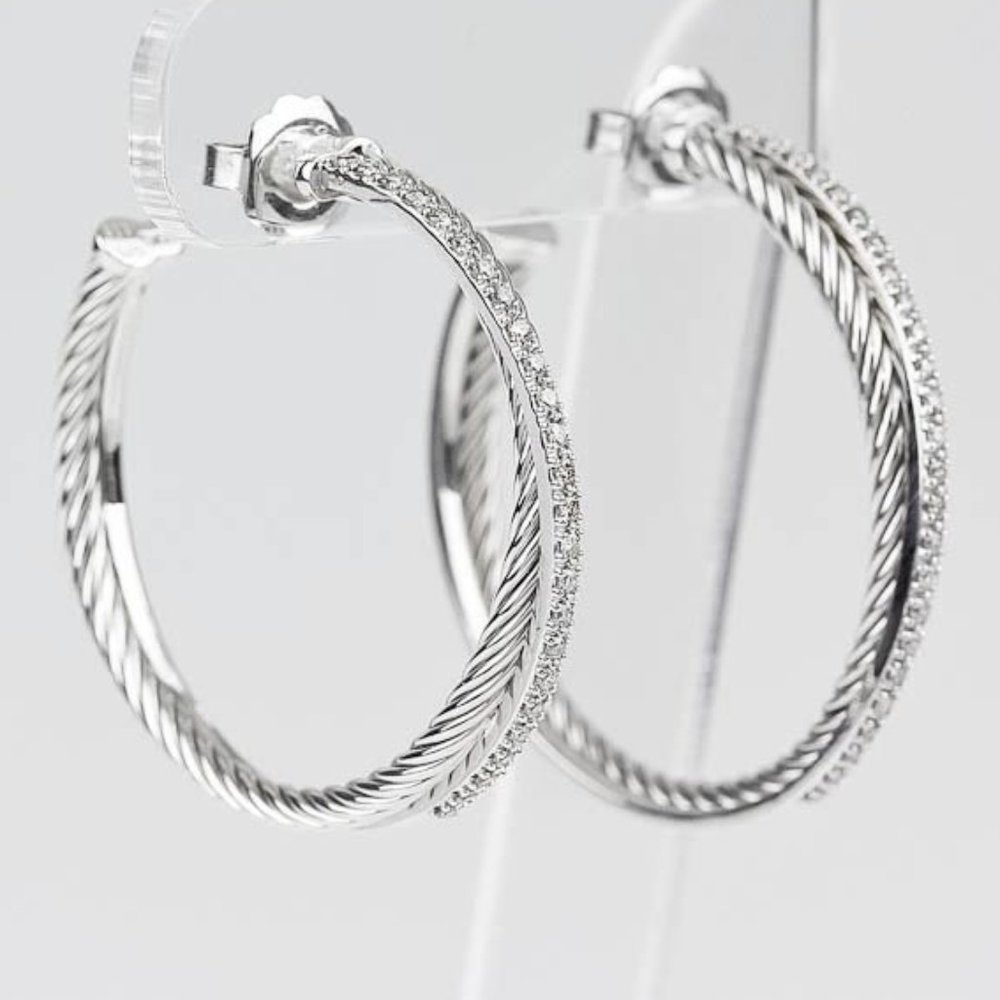 David Yurman Sterling Silver and Diamonds Crossover Cable Hoop Earrings